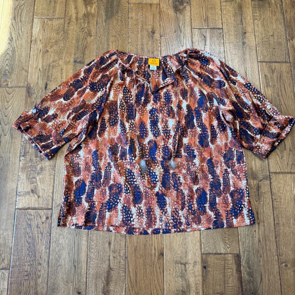 Ruby Rd. Top Rust Navy Bohemian Feather Tassels Coastal Cowgirl Women's Sz 16